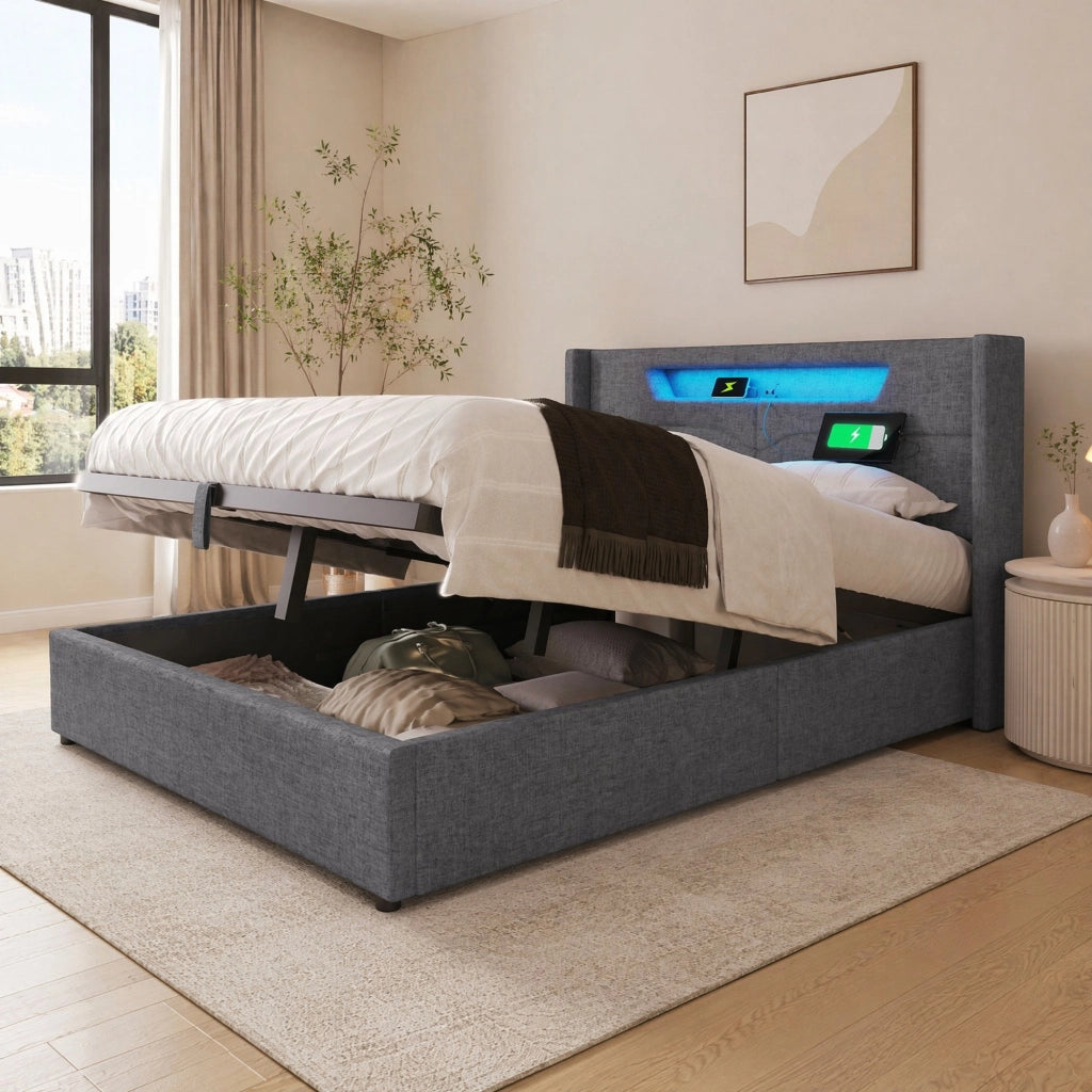 LETTO MATRIMONIALE 140x200 cm Grigio in Lino con LED e presa USB Type C