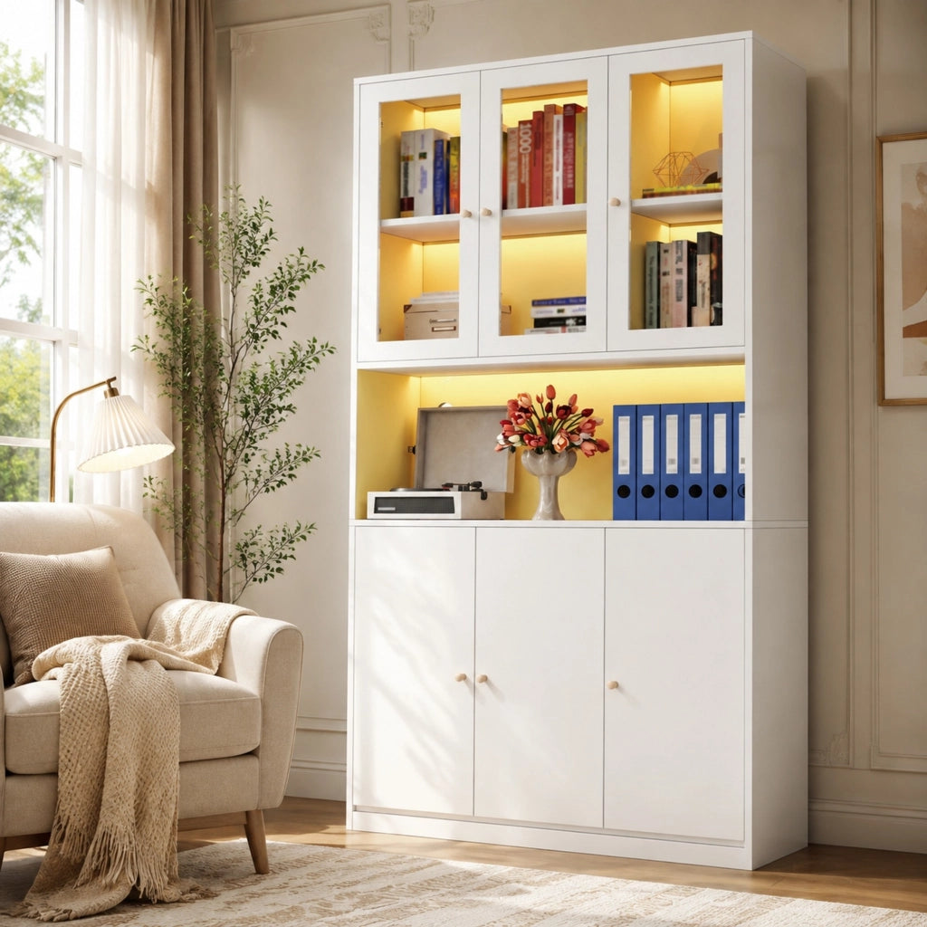 Libreria alta 100x35x200 cm con vetrina in vetro; LED multicolore; 3 ante; MDF bianco