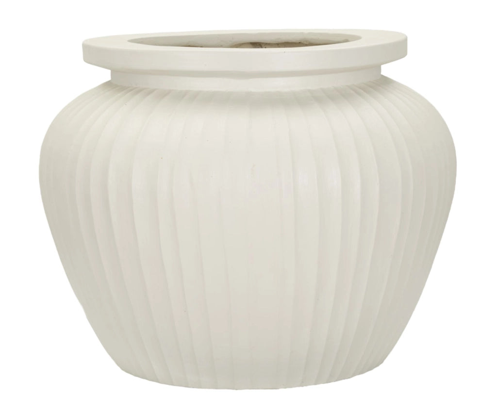 Vaso Chil moderno in MGO color crema - Ø 48x38 cm, forma bombata con superfici scanalate - Vaso da interno decorativo