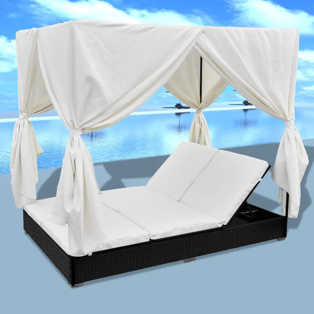 Lettino Prendisole con Tende in Polyrattan Nero 42948