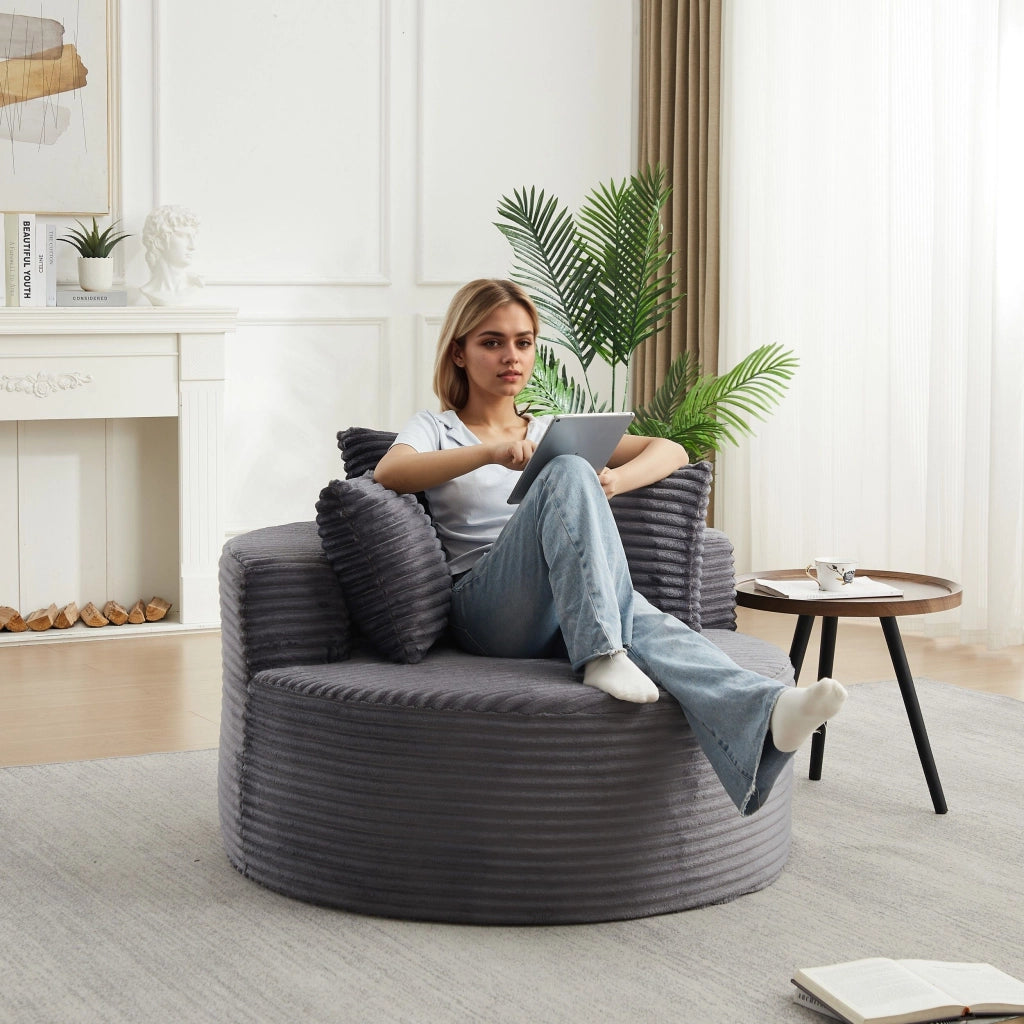 Poltrona a sacco, poltrona con braccioli, diametro 110 cm, velluto a coste, 3 cuscini, grigio (non richiede assemblaggio)