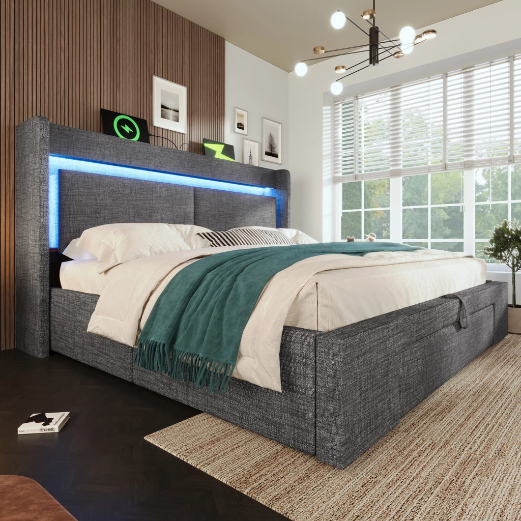 LETTO Contenitore idraulico 140x200 cm Lino Grigio con LED e USB-C