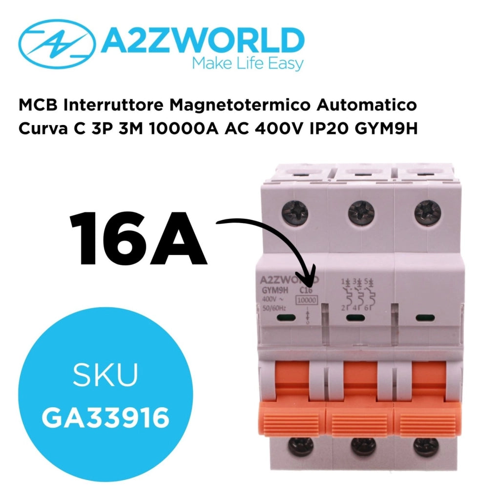 MCB Interruttore Magnetotermico Automatico Curva C 3P 3M 10000A AC 400V IP20 GYM9H, Accoppiabile Con Bobina di Sgancio GA01231 GA01232, Disponibili 16A 20A 25A 32A 40A 63A (C16A)