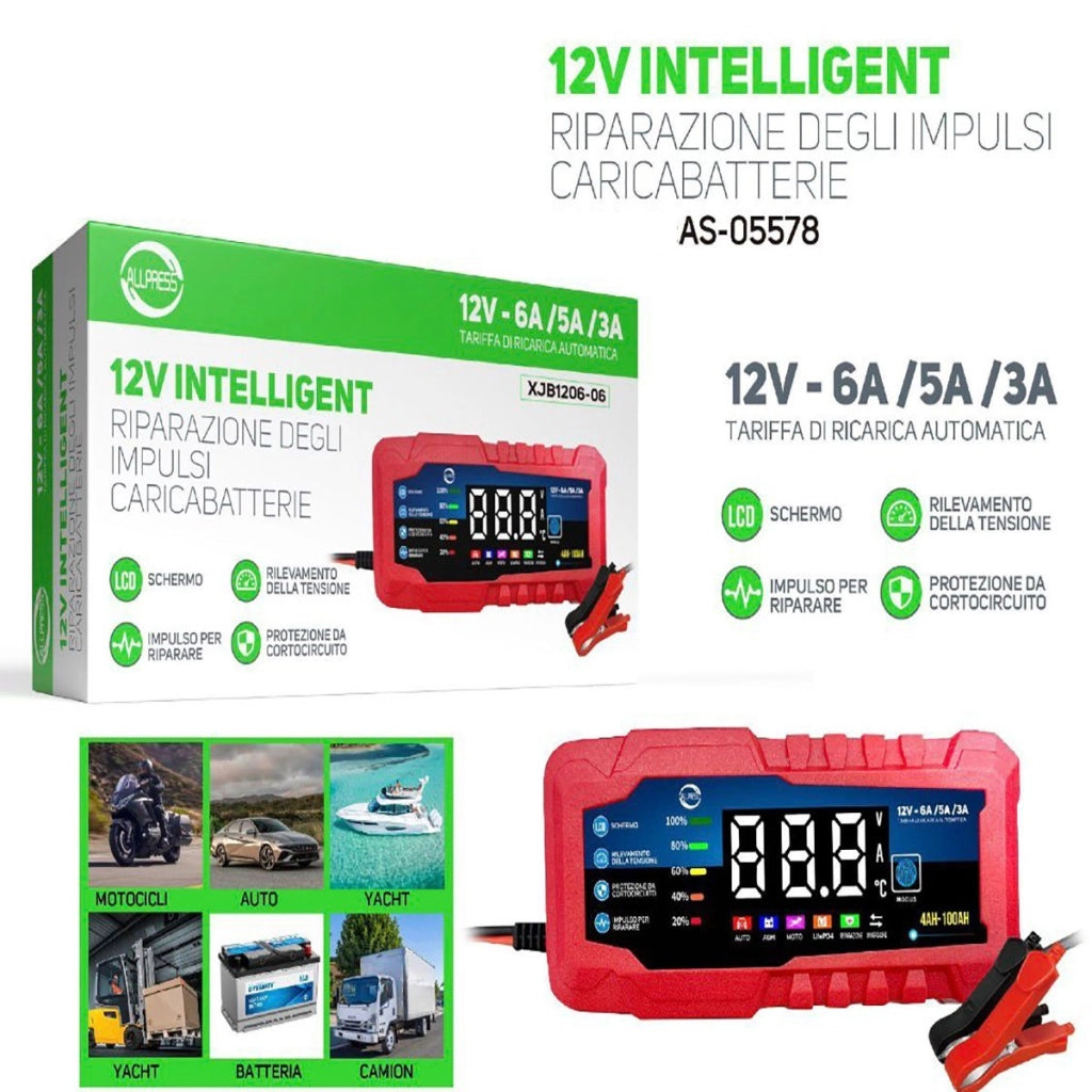 CARICABATTERIE INTELLIGENTE 12V 6A 5A 3A LCD AUTO MOTO RIPARA BATTERIE