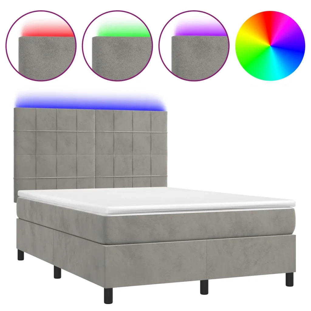 Letto a Molle Materasso e LED Grigio Chiaro 140x190 cm Velluto
