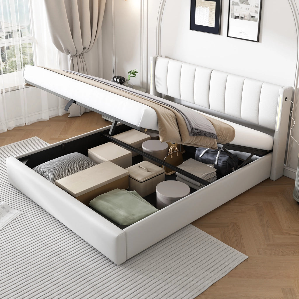 LETTO con contenitore 180x200 cm PU bianco con USB e LED