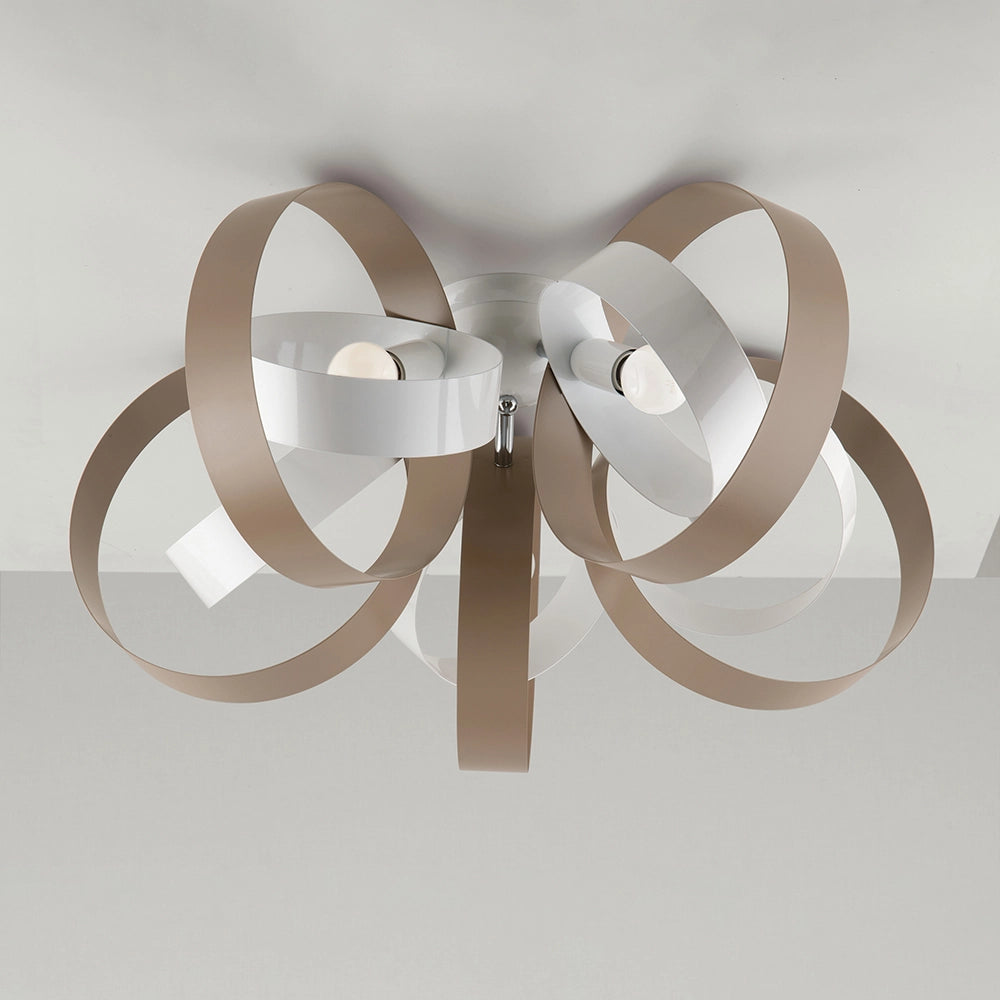 Plafoniera Moderno 5 Luci Cerchi Ferro Bianco E Tortora Serie Bolla