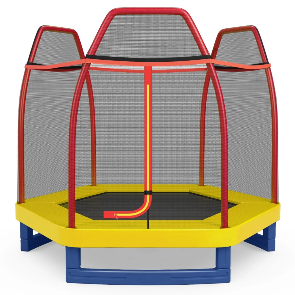 Tappeto elastico 223 cm con rete di sicurezza e cuscinetto a molle, Mini tappeto elastico per bambini Rosso-Trampolini