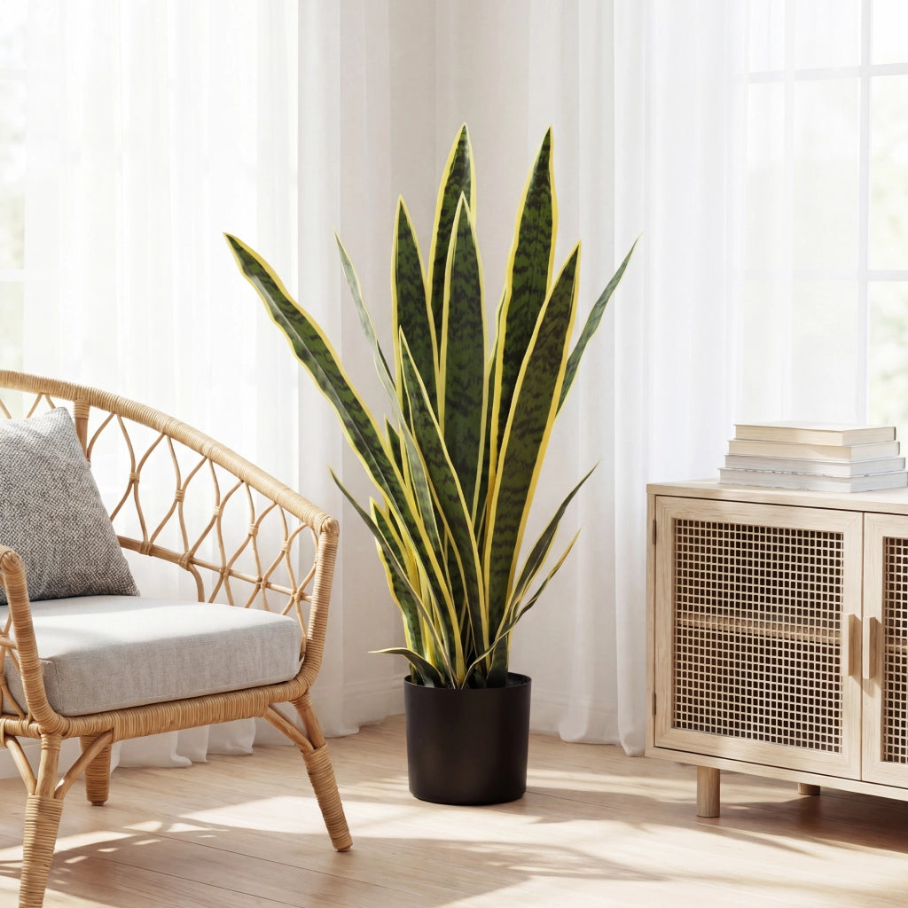 Pianta Finta Sanseveria Artificiale Realistica con Vaso ¨C Minimal ¨C Verde e Giallo ?15x80cm