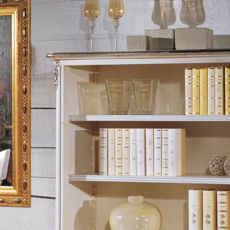 Libreria classica legno shabby bianco argento 130x50x150 - Mobili 2G