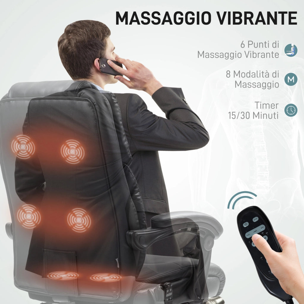 Sedia da Ufficio Massaggiante e Riscaldata con Schienale Reclinabile e Poggiapiedi in Pelle PU, Nero