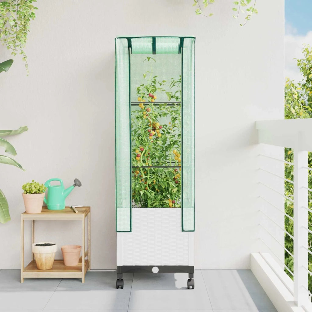 Vaso da Giardino con Copertura per Serra e Ruote Bianco PP 3422933