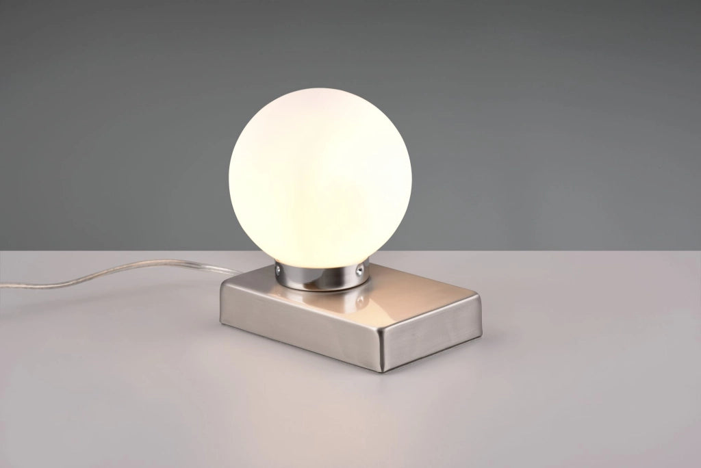 DAVI II LAMPADA DA TAVOLO ACCIAIO SFERA VETRO BIANCO  H.15CM 1 LUCE ATTACCO E14