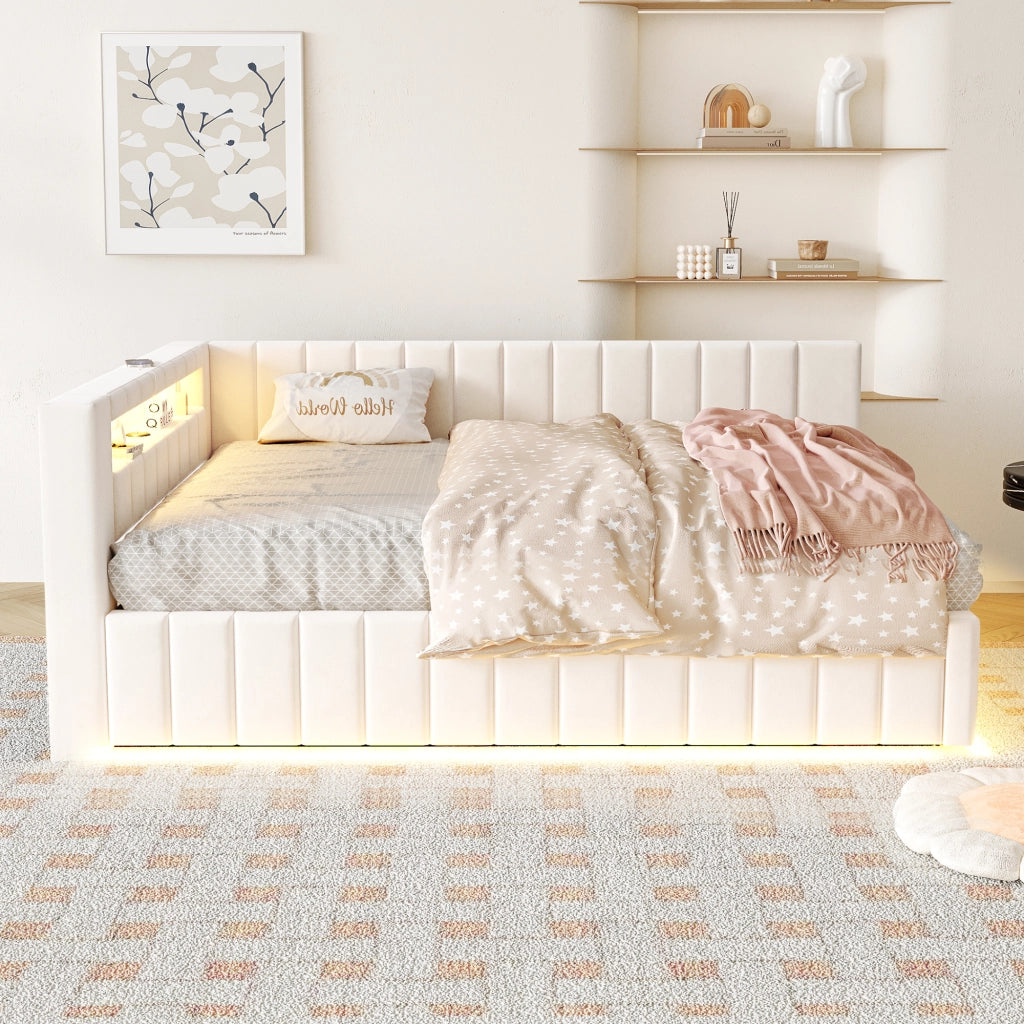 LETTO Contenitore 140x200 cm Imbottito Beige con LED, USB e Schienale