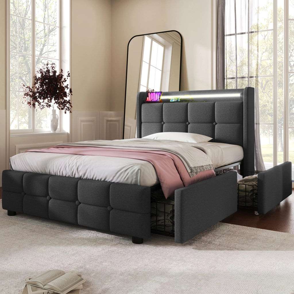 LETTO Singolo 90x200 cm Grigio con USB, LED e 2 Cassetti