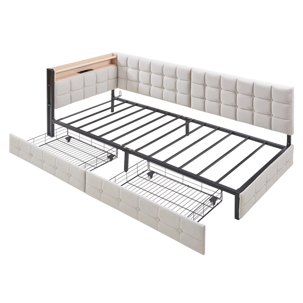 Letto Singolo Imbottito con Cassetti e LED ¨C MINIMAL ¨C Beige 90x200