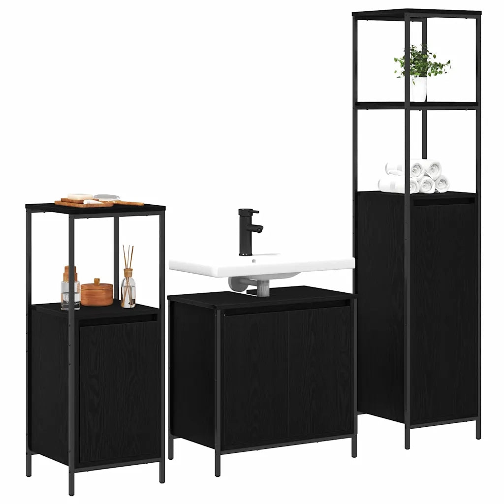 Set di mobili per il Bagno | Armadio da bagno 3 pz Rovere Nero Legno multistrato