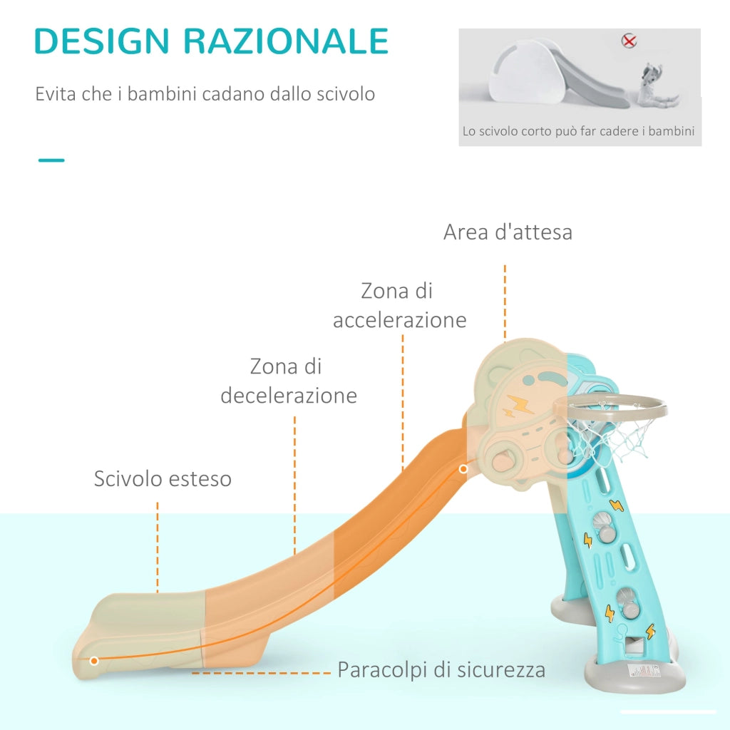 Scivolo per Bambini Pieghevole con Canestro Basket 140x87x75 cm Blu e Grigio