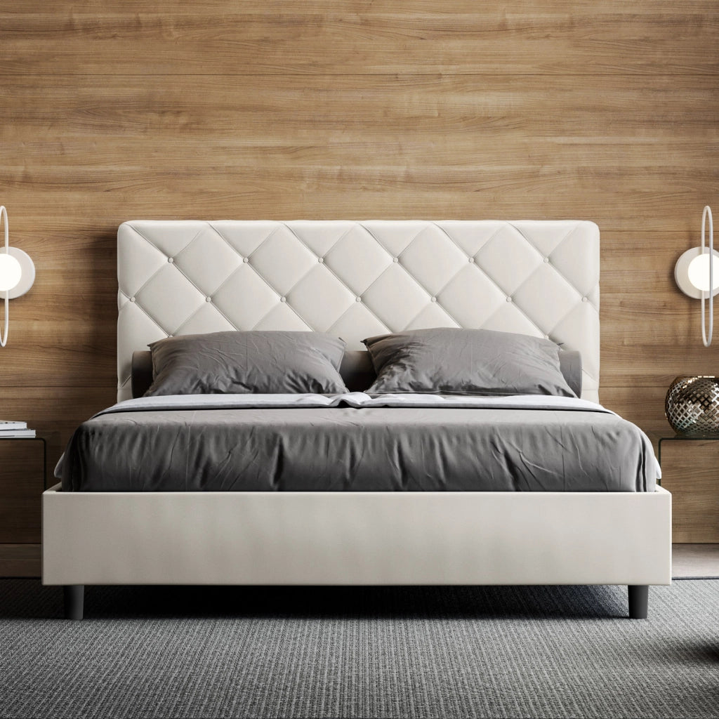 BS COM Letto matrimoniale francese con rete imbottito 140x200 similpelle bianco