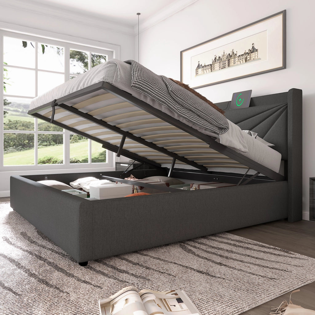 Letto Contenitore Imbottito Matrimoniale con USB ¨C MINIMAL ¨C Tessuto Lino 160x200 con Doghe