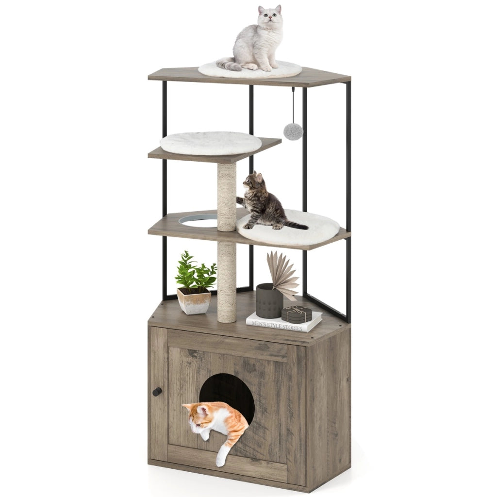 Albero per gatti con lettiera nascosta mobile moderno per gatti con 2 tiragraffi, Albero torretta interna in legno per gattini