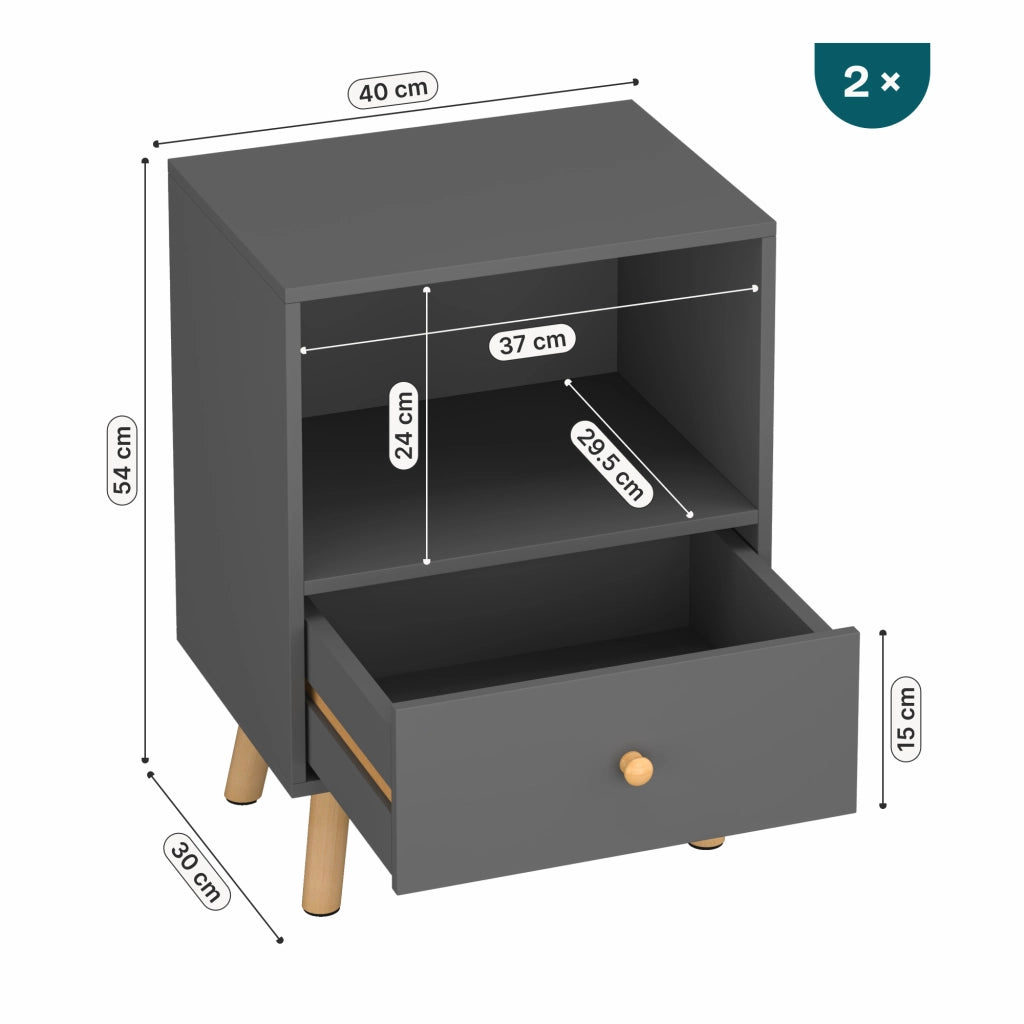 Set di 2 Comodini Sundsvall con Cassetto e Scomparto - Grigio scuro [en.casa]