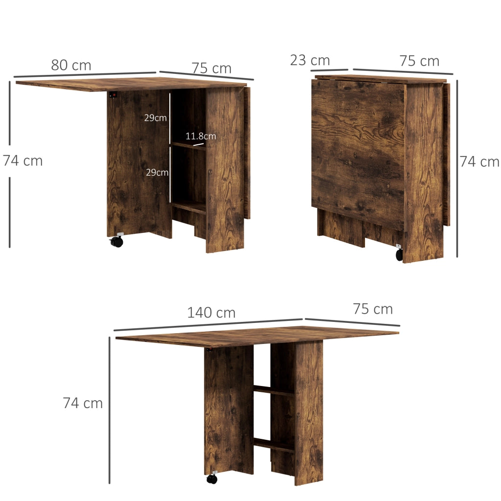 Tavolo da Pranzo Pieghevole a Ribalta 140x75x74 cm per 6 Persone con 2 Ripiani in Melamina Marrone Rustico