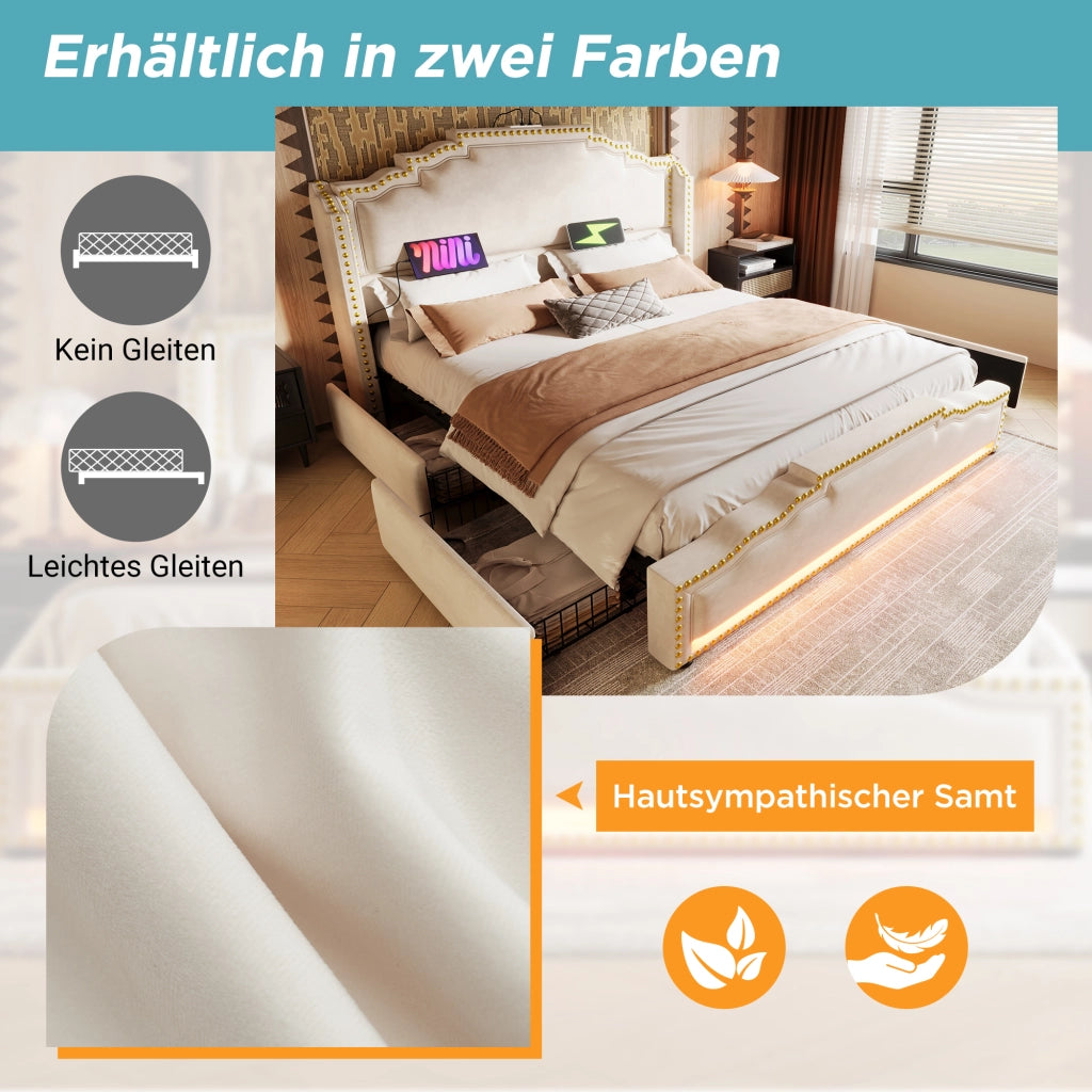 LETTO imbottito 160x200 cm in velluto beige con materasso incluso, LED e USB