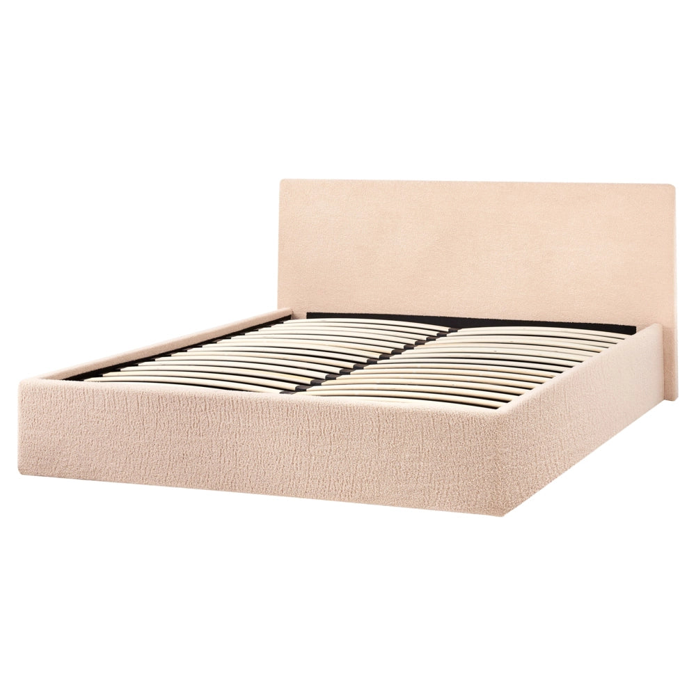 Letto imbottito in bouclé beige 160 x 200 cm con contenitore per testata elevabile