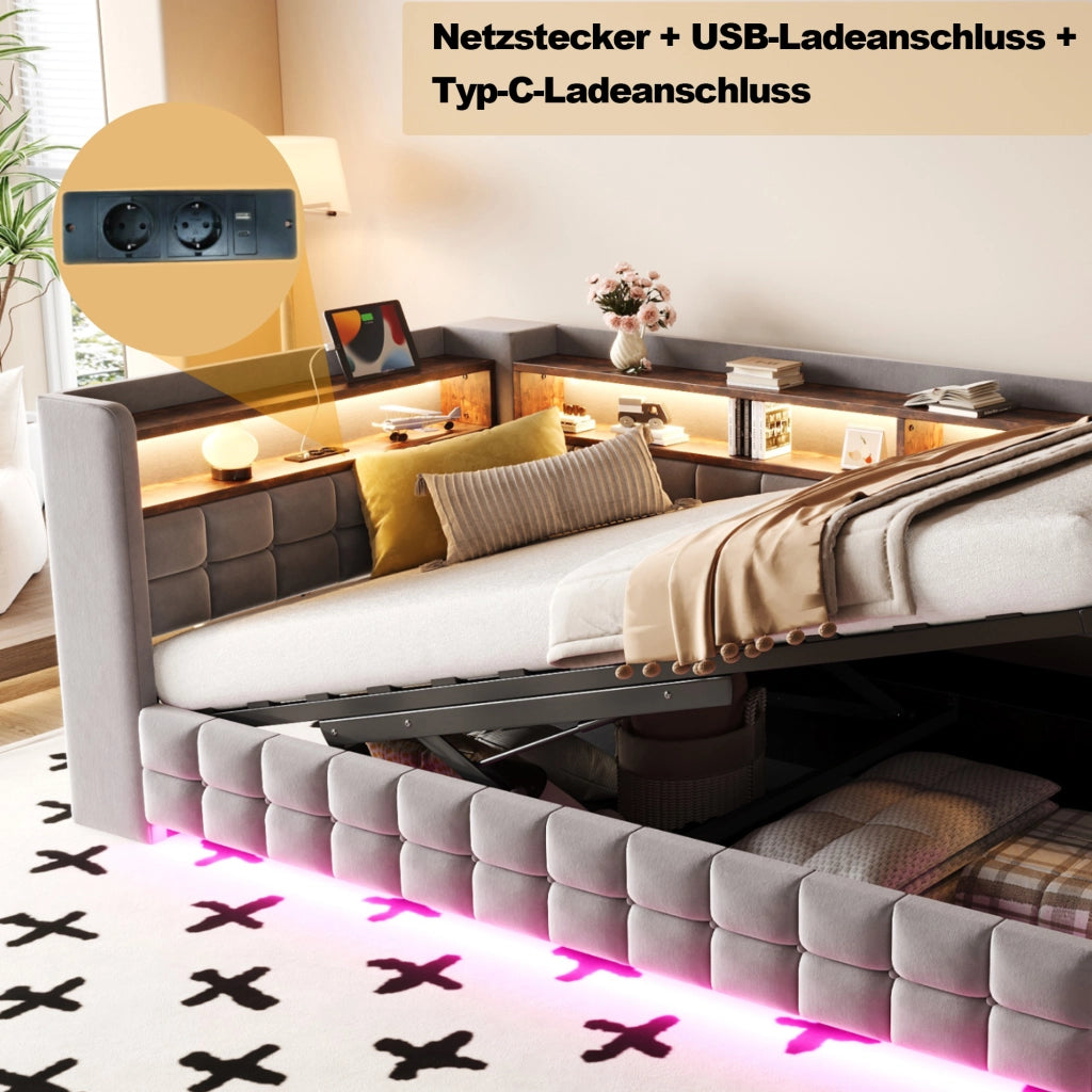 LETTO Contenitore 90x200 cm in velluto grigio chiaro con LED e prese USB/Type-C