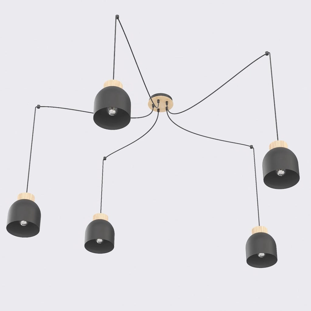 Lampada sospesa a ragno KRU nera legno 5xE27 Emibig