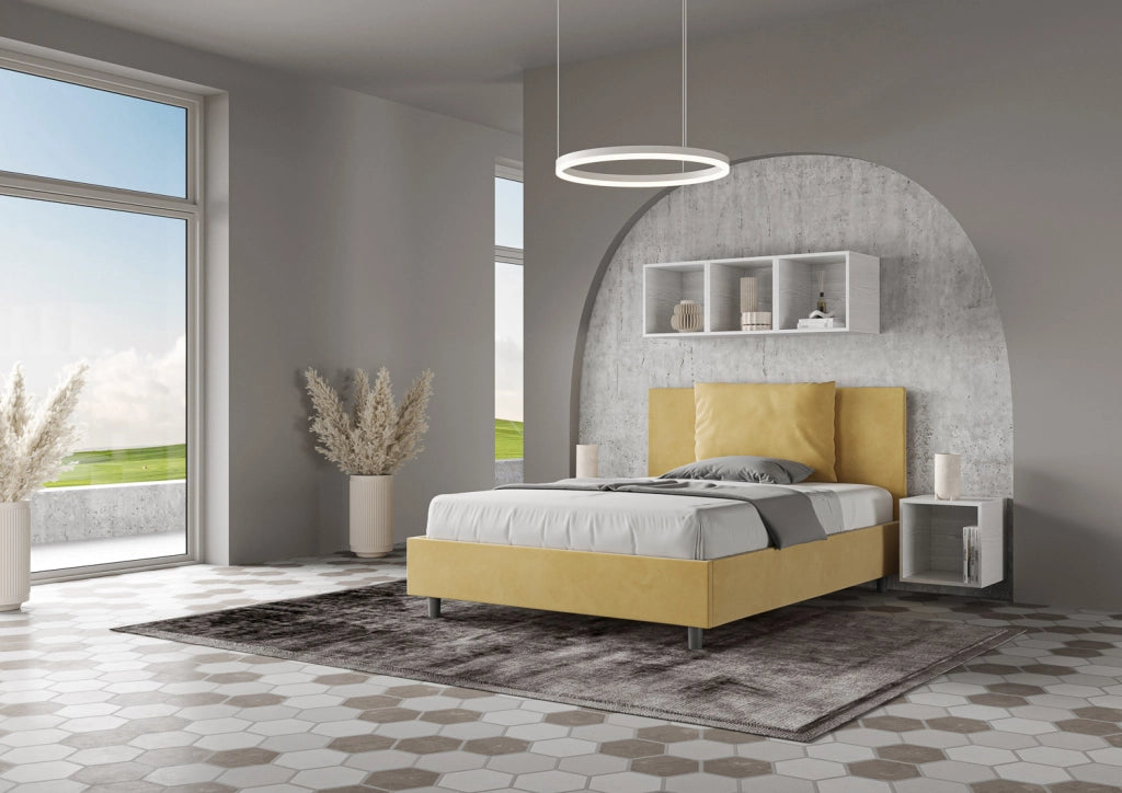 BS COM Letto una piazza e mezza contenitore imbottito 130x190 microfibra ocra