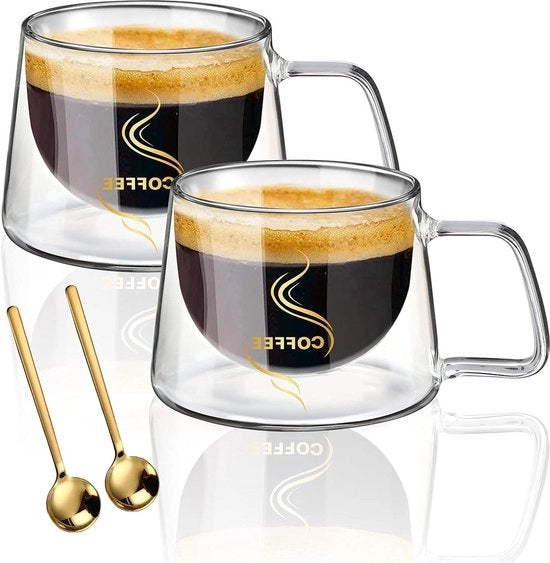 Set di tazze per caffè macchiato da 2 - 200 ml + 2 cucchiai - doppio strato - cucchiai per espresso - tazze per cappuccino - tazze per ghiaccio - set di tazze per caffè da 6 pezzi