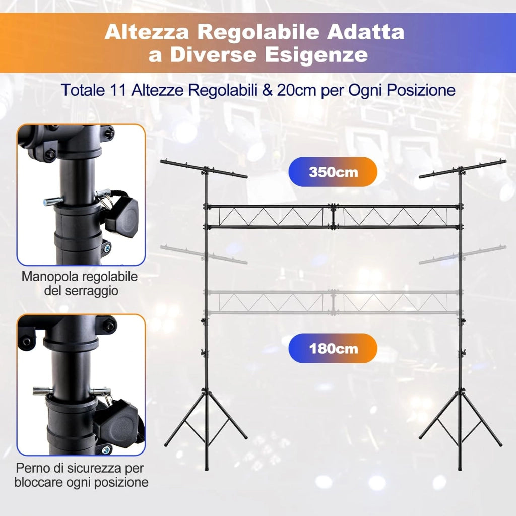 Supporto per Illuminazione DJ Portatile da 350 cm, Supporto per Luci Pieghecole in Metallo con Altezza Regolabile, 32 Punti di Montaggio, Capacità 100 KG