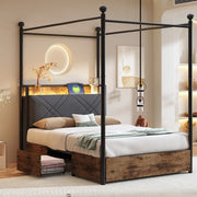 Letto Singolo con Baldacchino, Cassetti e LED ¨C MINIMAL ¨C 90x190, Ferro, con USB