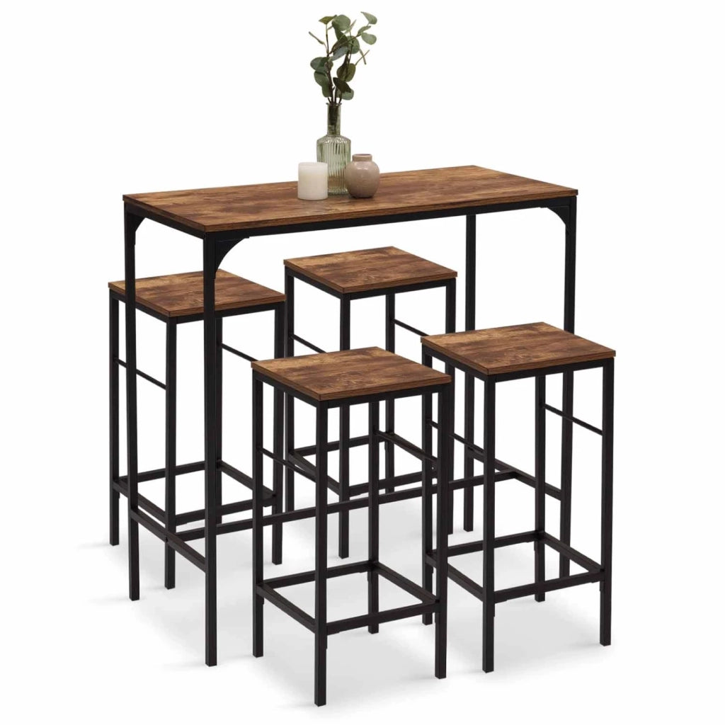 IDMarket - Tavolo da bar e 4 sgabelli DAYTON, alti 100 cm, in legno scuro con effetto distressed e design industriale nero