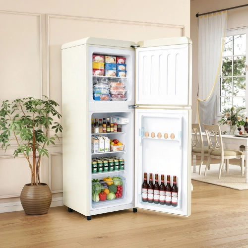 Frigorifero a doppia porta (112L) – controllo della temperatura a 7 livelli; classe di efficienza energetica E; luce LED; ripiani regolabili e portauova – Crema