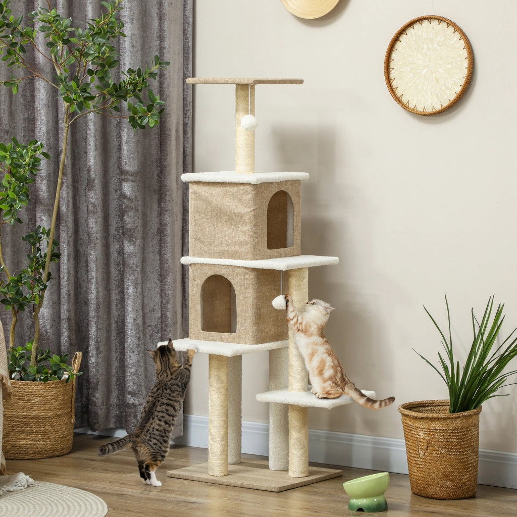 Albero tiragraffi per gatti con 2 tane e piattaforme ¨C Minimal ¨C 140 cm marrone chiaro