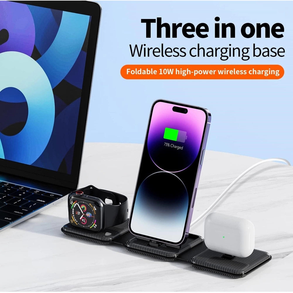 Trade Shop - Caricatore Pieghevole 3in1 Stazione Ricarica Portatile Per Apple Watch Iphone Wireless -