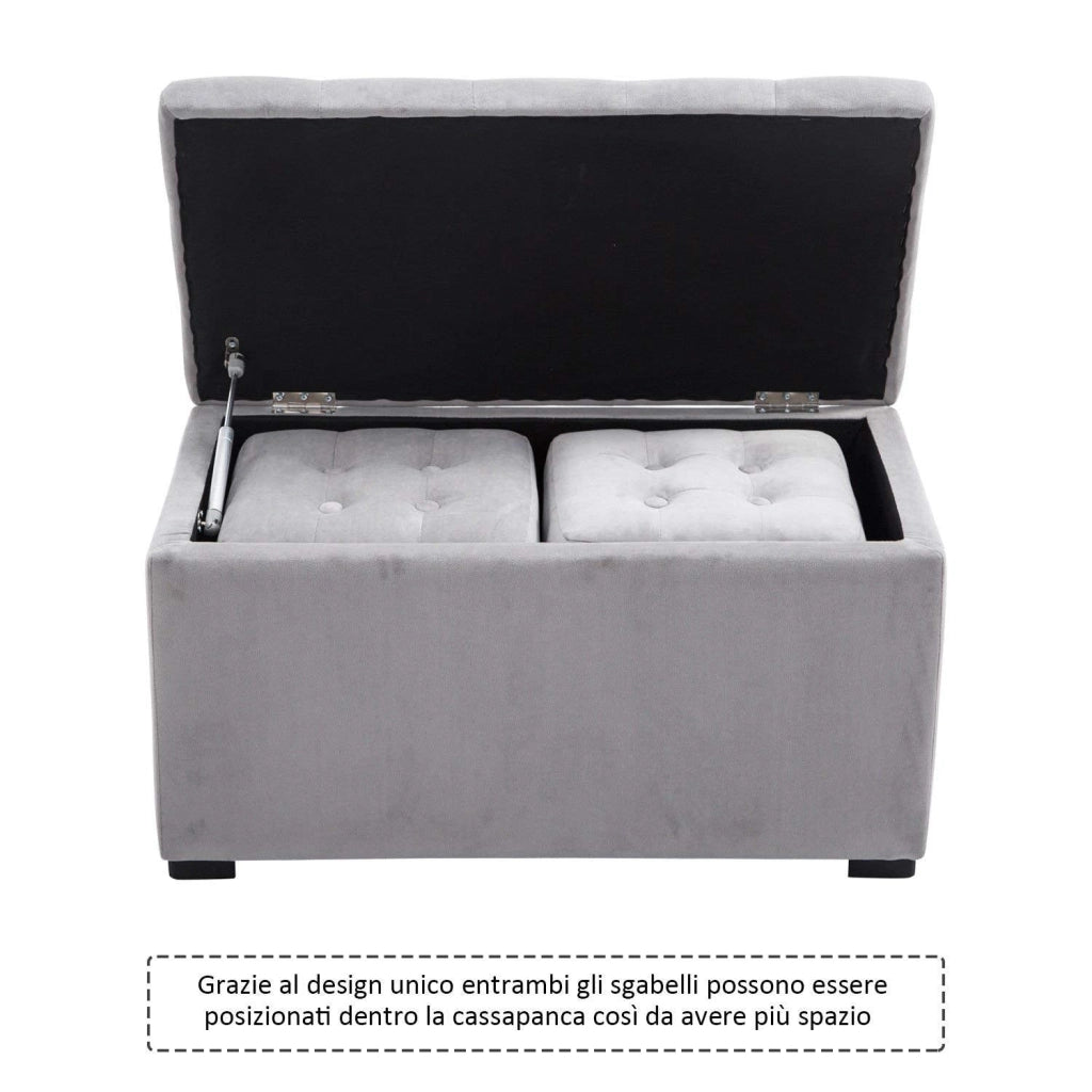 Cassapanca Portaoggetti Multiuso con 2 Sgabelli Pouf in Velluto Grigio Perla