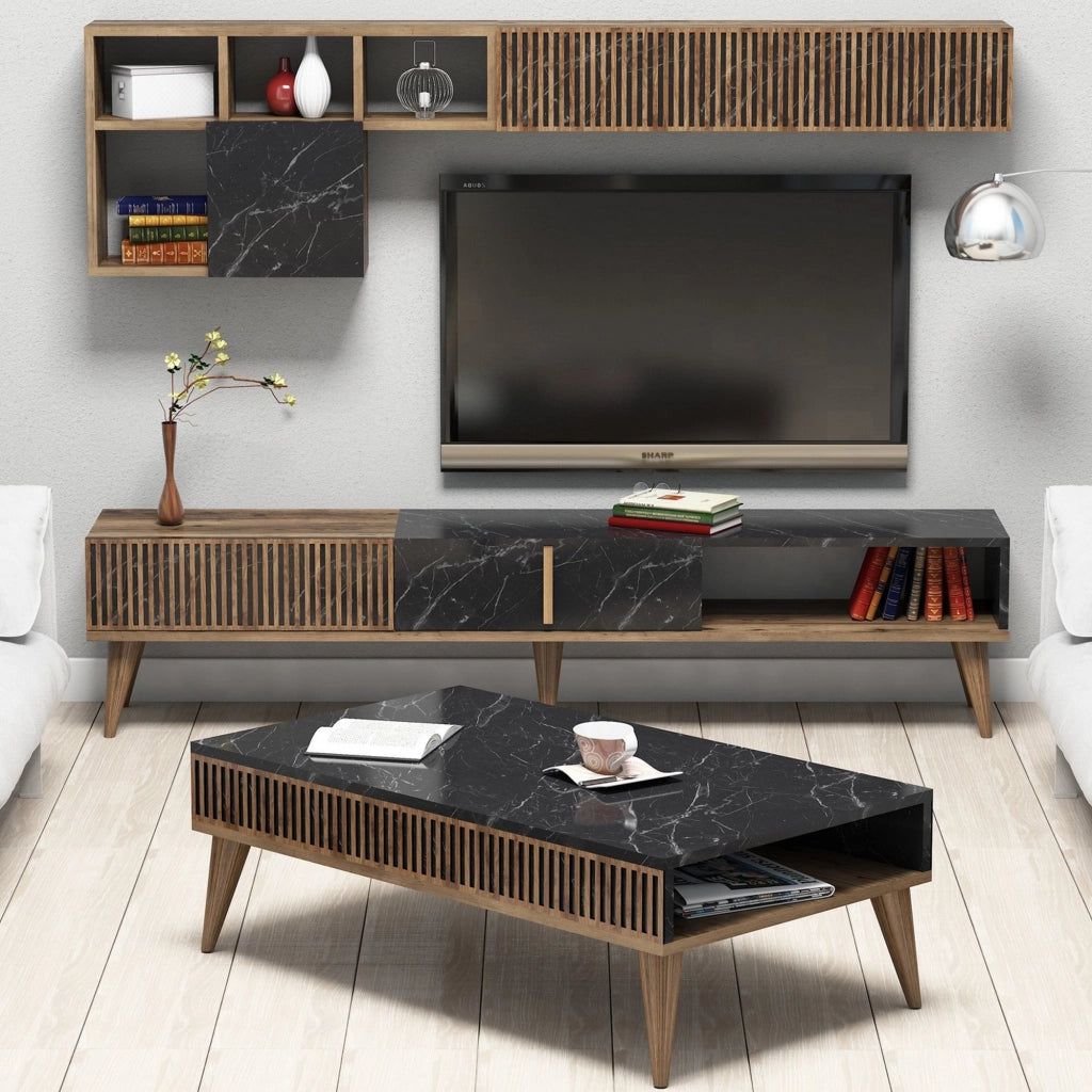 Ollomont, set Mobili da Soggiorno Modulabile, Marrone Noce
