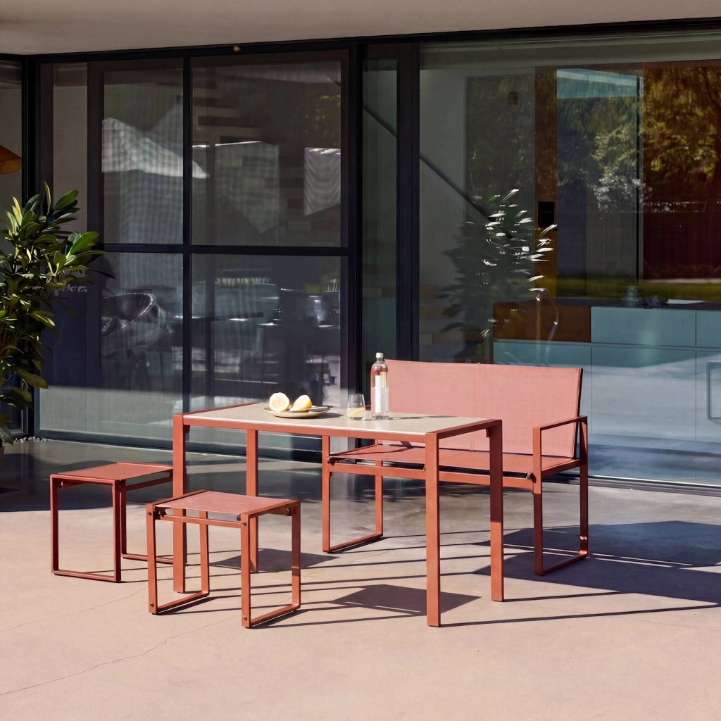 Set tavolo da giardino incastrabile in acciaio e textilene con 4
