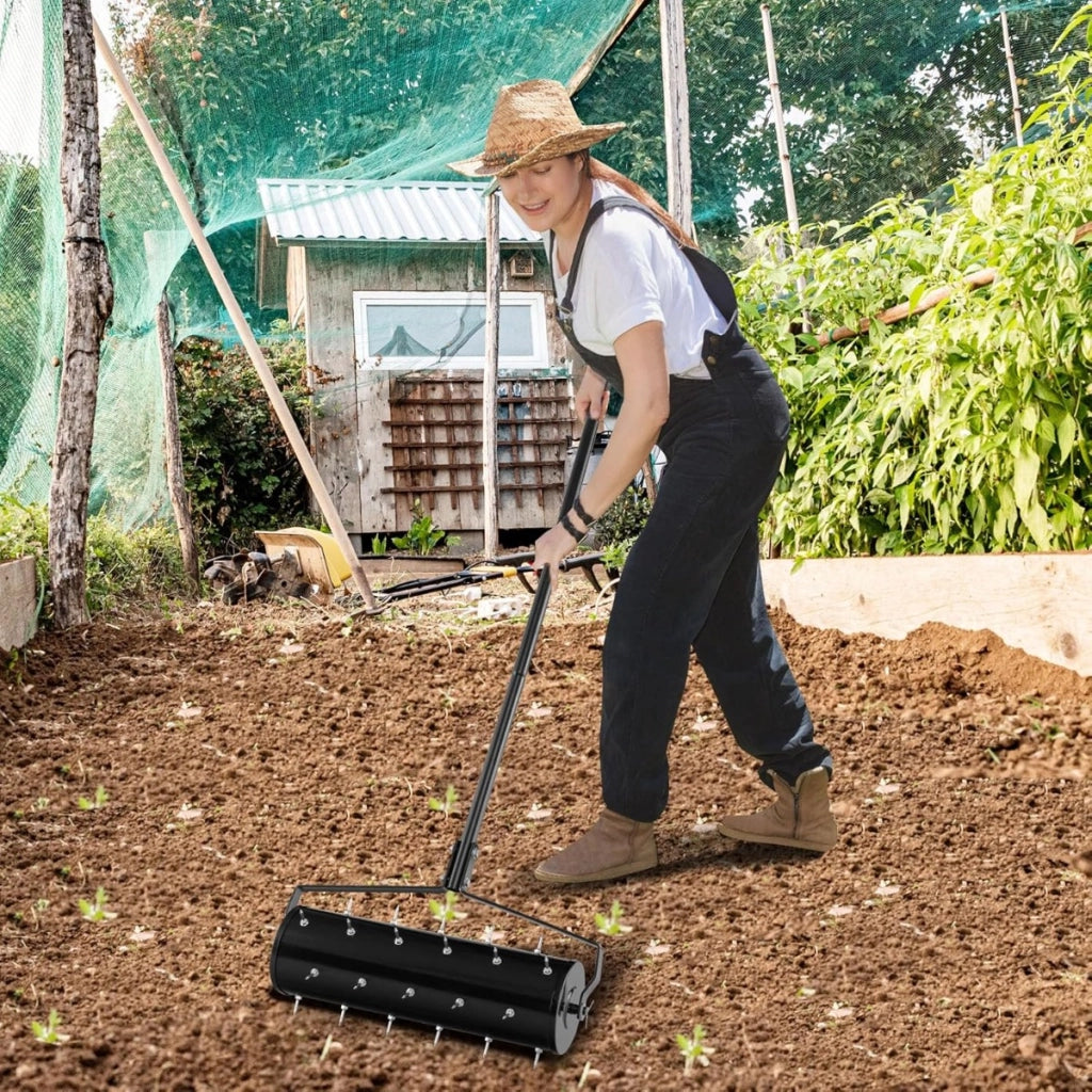 Aeratore per prato 53cm, Attrezzo pesante per cura del prato con manico in metallo da 130cm Nero