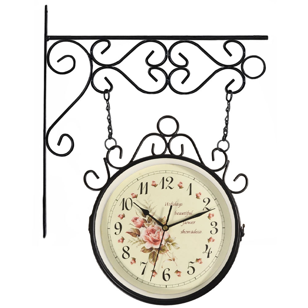 Orologio da Parete Bifacciale Stile Retrò con Staffa in Ferro
