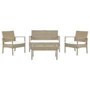 Set divano da giardino in finto rattan marrone con cuscini bianchi e tavolino da caffè a 4 posti