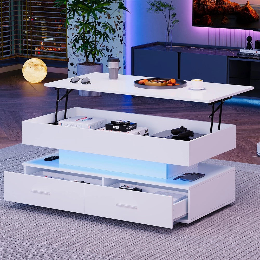 Tavolino da Caff¨¨ Regolabile in Altezza con LED e Cassetti ¨C MINIMAL ¨C Bianco