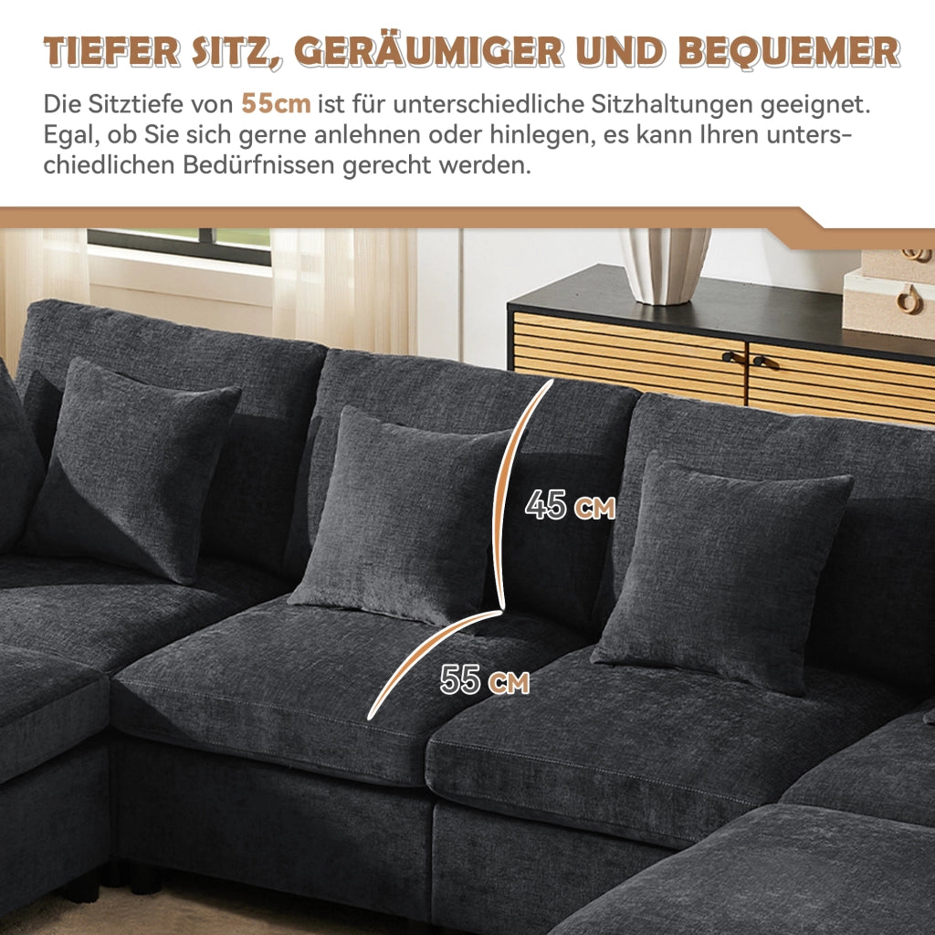 Divano modulare convertibile in forma U e L - Zephmum - Con 2 pouf e 6 cuscini in tessuto chenille