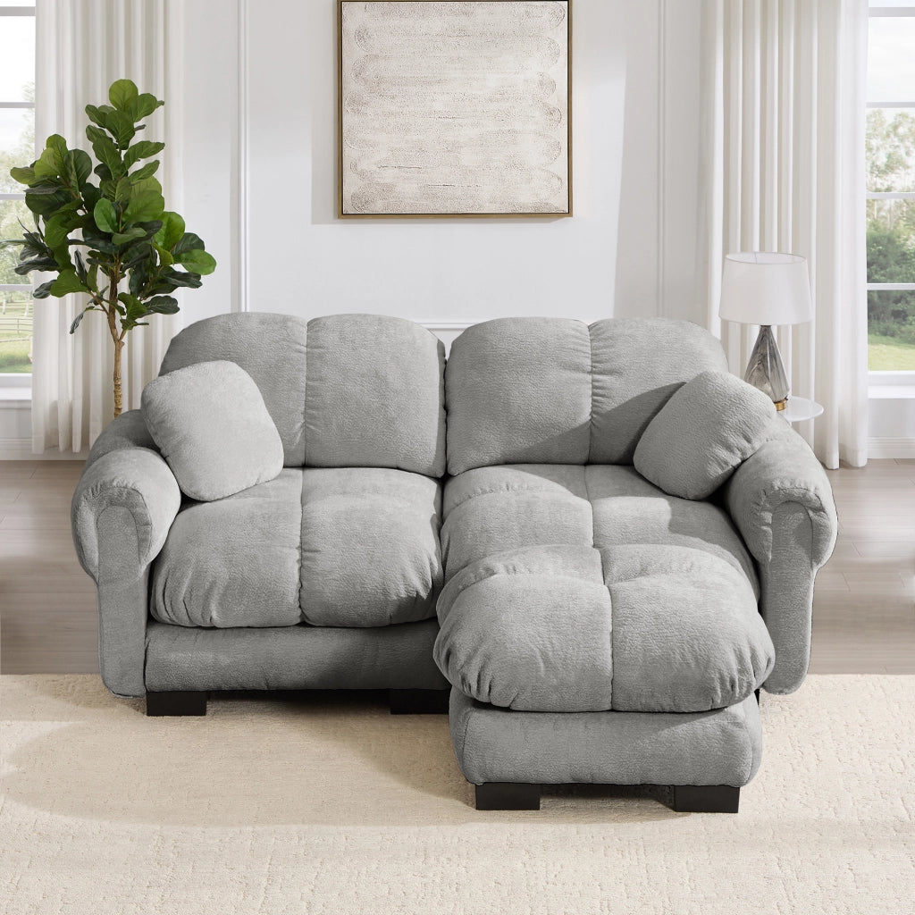Divano angolare reversibile 2 posti in Chenille con cuscini trapuntati e pouf mobile, Grigio chiaro