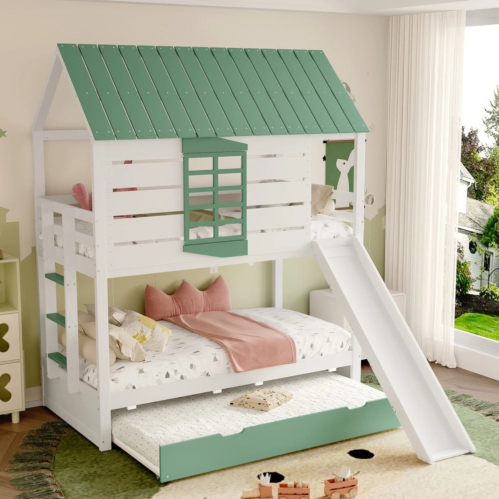 Letto a Castello con Scivolo e Letto Estraibile ¨C MINIMAL ¨C Bianco/Verde 90x200