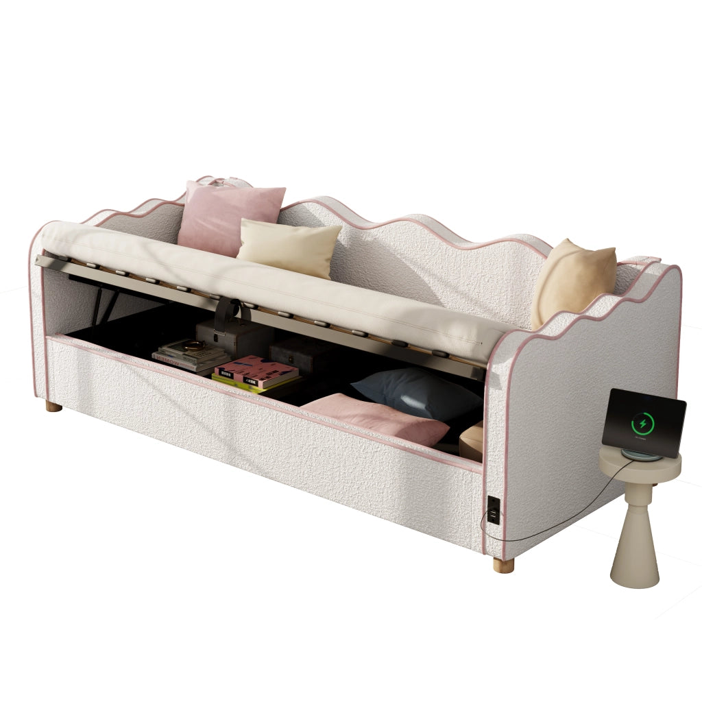 Letto imbottito 90x200 cm con contenitore idraulico, bouclé beige, con presa USB e Tipo-C